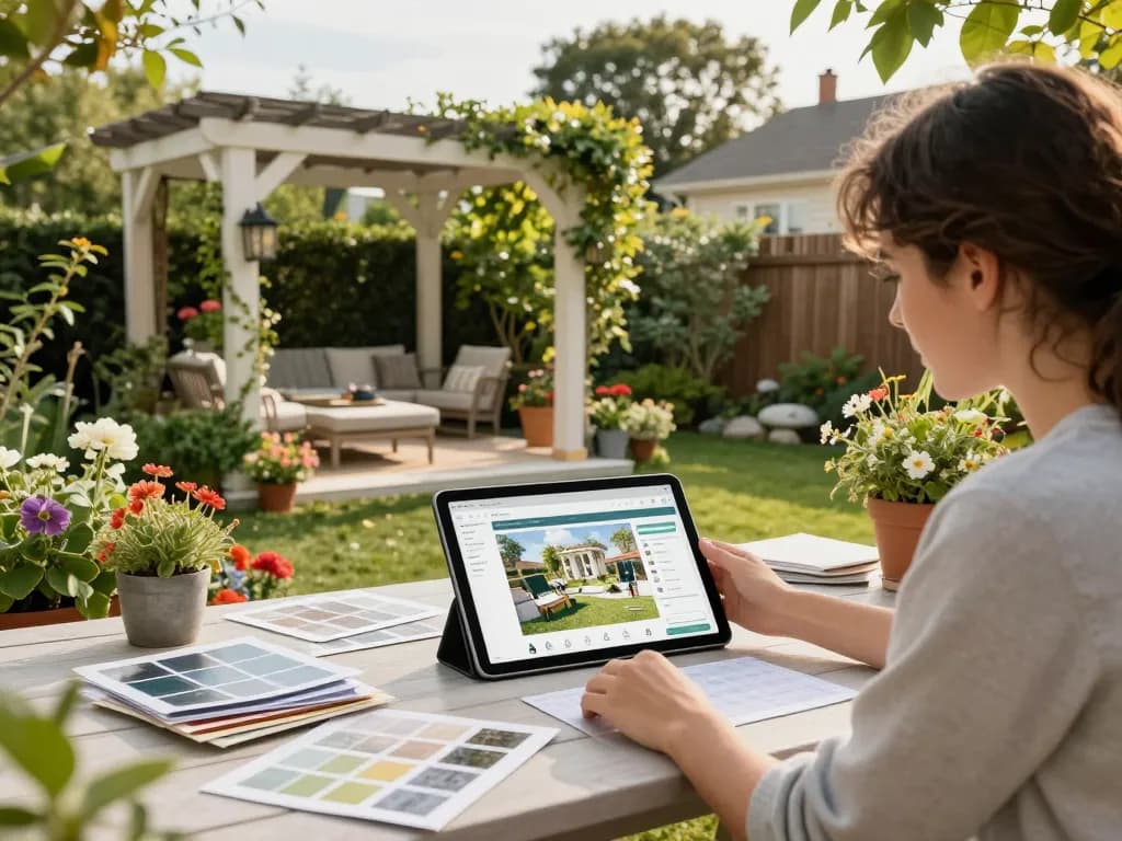 Couple using Pergola Configurator Software in a vibrant garden.