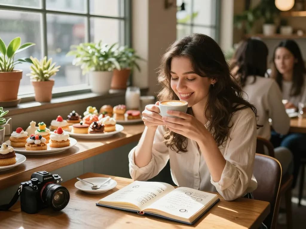 Young woman enjoying a latte and sketching about her crush on relationships in a cozy coffee shop