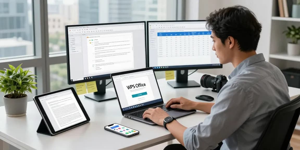 Optimizing WPS Download on a modern tech workspace with multiple devices.