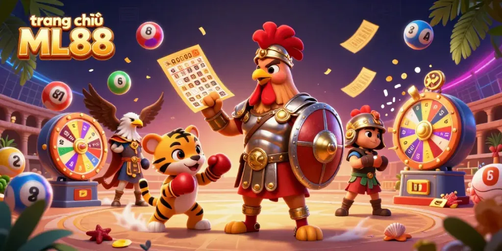 Play thrilling games at trang chủ ML88 featuring a dynamic casino scene with colorful lottery elements.