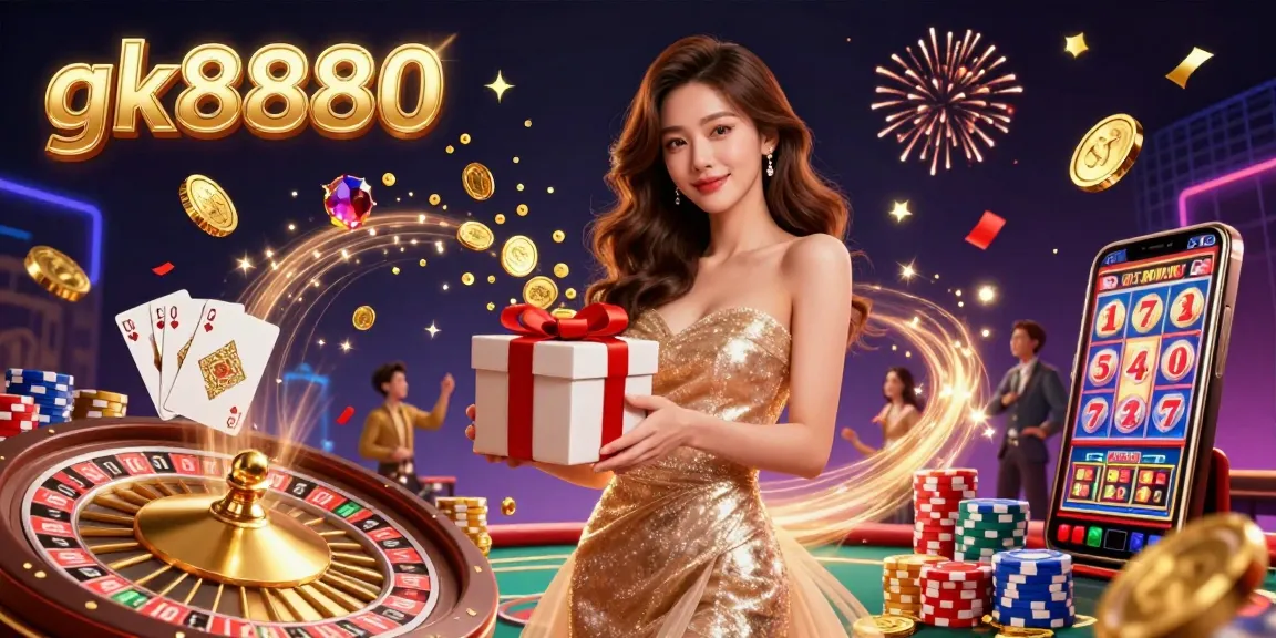Engage in the thrilling atmosphere of gk8880 with stunning casino-themed illustration featuring vibrant golden coins and celebration.