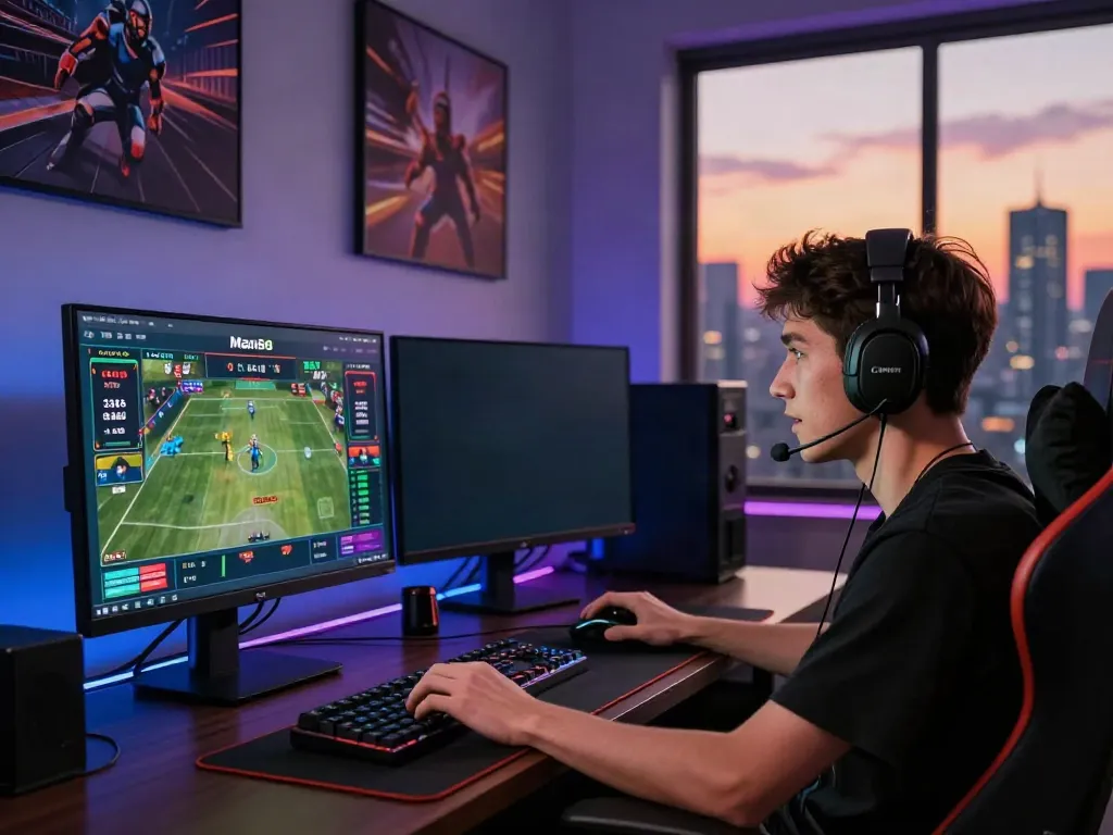 Man88 platform gaming session with dual monitors displaying live sports betting, enhancing the online gaming experience.
