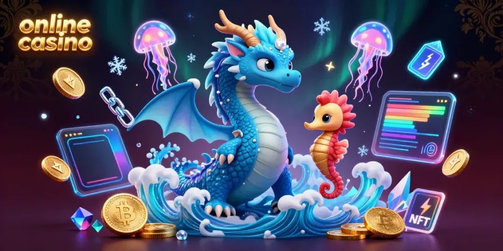 Engage in an online casino adventure with a vibrant 3D dragon, seahorse knight, and jellyfish amidst cryptocurrency elements.