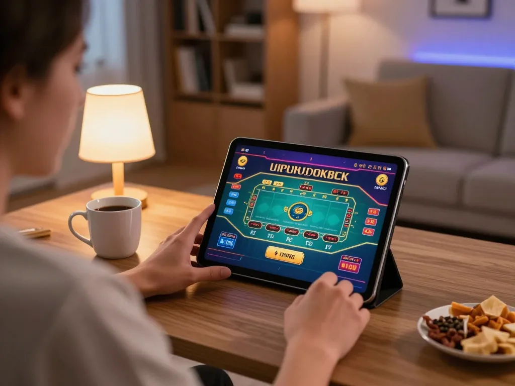 Engaging player enjoying sv66 live dealer games on tablet in a cozy home setup