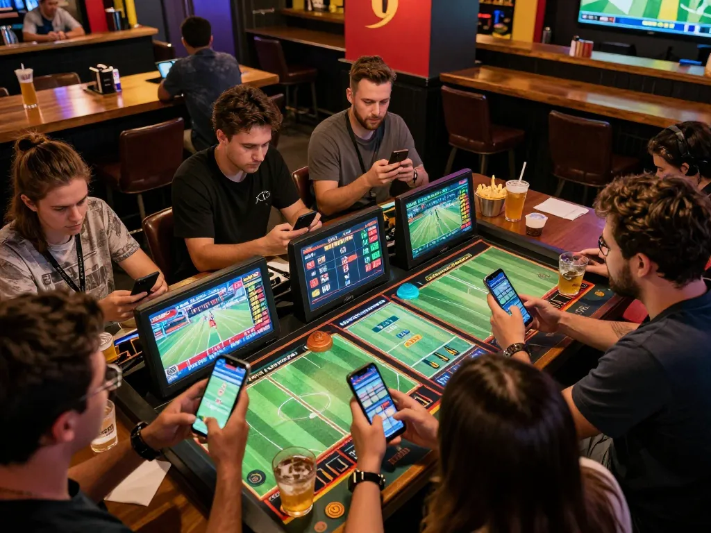 Engaged sports fans making bets on their smartphones in a vibrant sports betting environment, keonhacai5 showcased prominently.