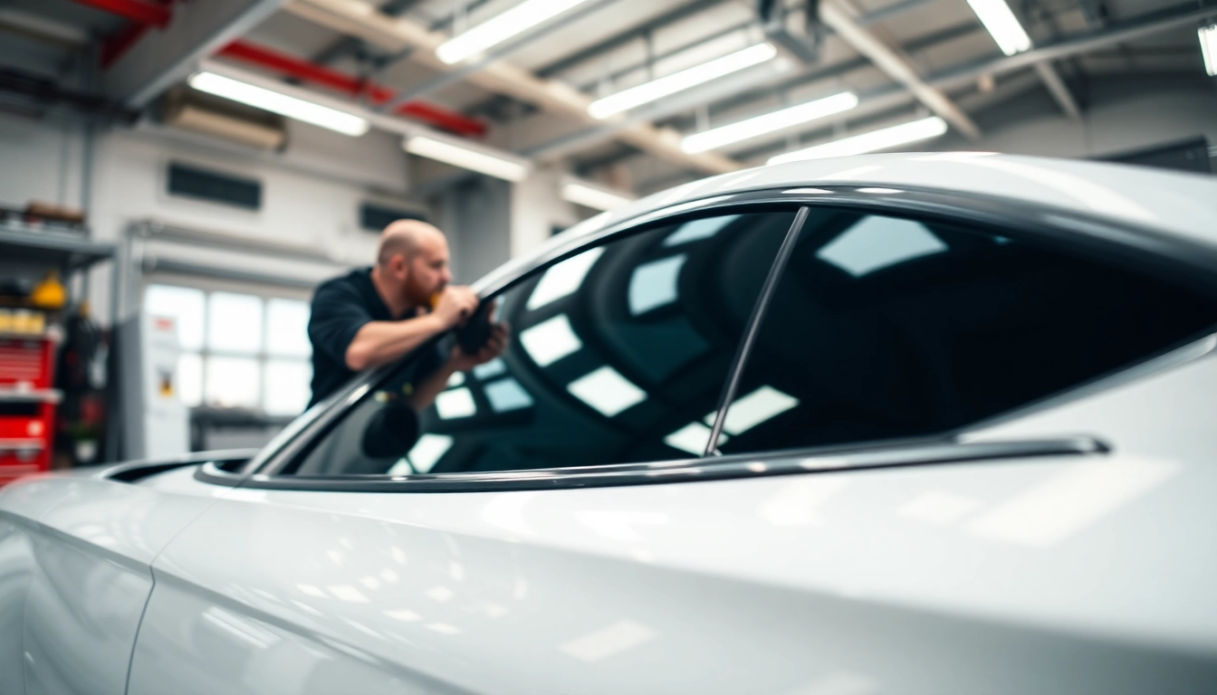 Applying ceramic window tint to a car window, showcasing expert installation in a bright workshop.