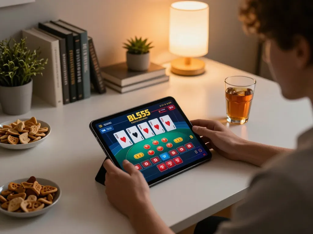 Engaging gameplay on trang chủ bl555's online casino shown on a tablet in a cozy home setting