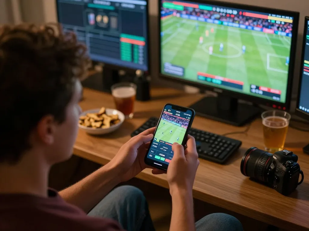 Engaged user placing bets on nhà cái LU88 while enjoying a live sports event at home with multiple screens.