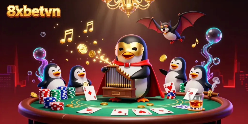 Experience vibrant gaming excitement with 8xbetvn's dynamic casino atmosphere featuring a whimsical penguin in action.