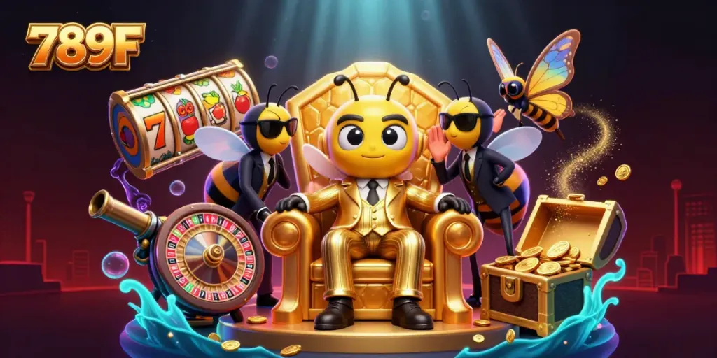 Experience the vibrant world of 789F with a dynamic casino scene featuring animated characters and slot machines.
