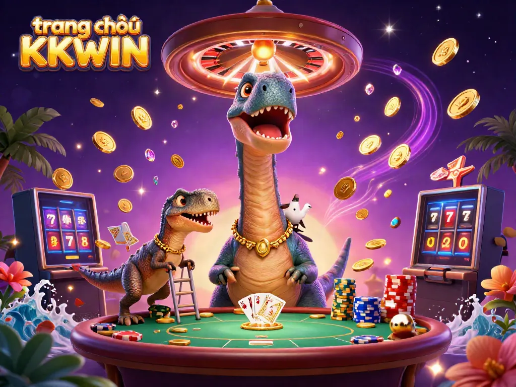 Experience excitement at trang chủ KKWIN with a vibrant 3D illustration of a brontosaurus in a casino setting.