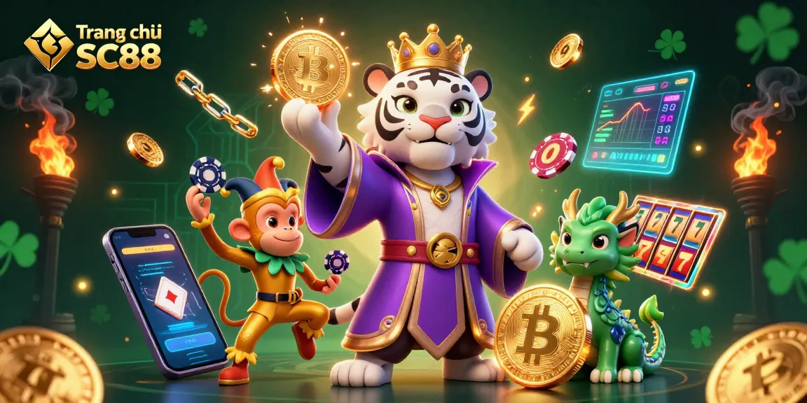Engage on Trang chủ SC88 with an illustration of a tiger, monkey, and jade dragon in a vibrant casino scene.