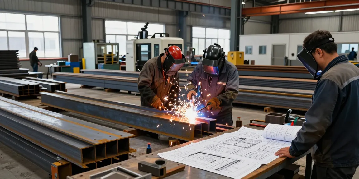 Active steel fabrication workshop highlighting a premier commercial steel company and skilled metalworkers in action.