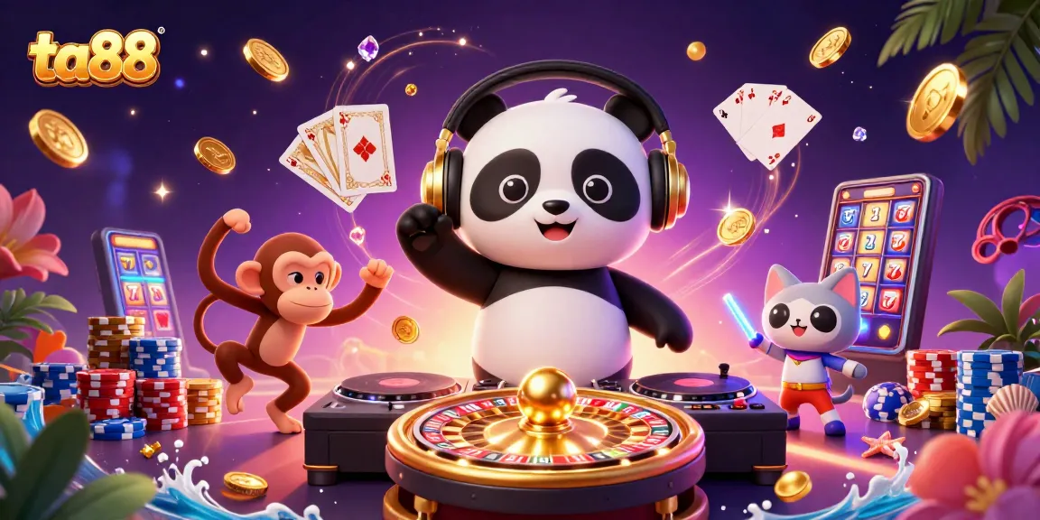 Engage with ta88's thrilling casino experience featuring a DJ panda, monkey dancer, and glow-stick kitten.