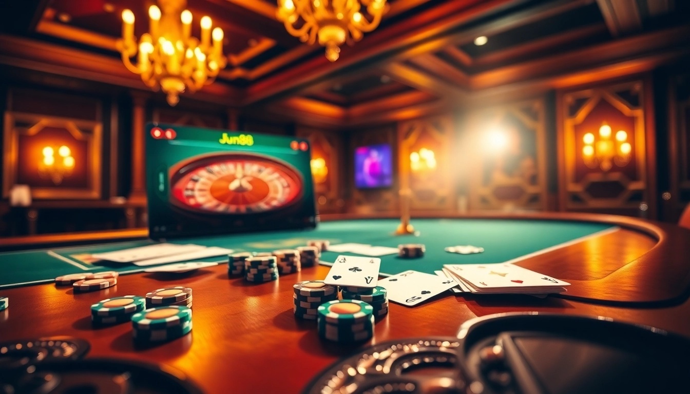 Experience the thrill of Jun88 with vibrant poker chips and a roulette wheel in a luxurious casino setting.