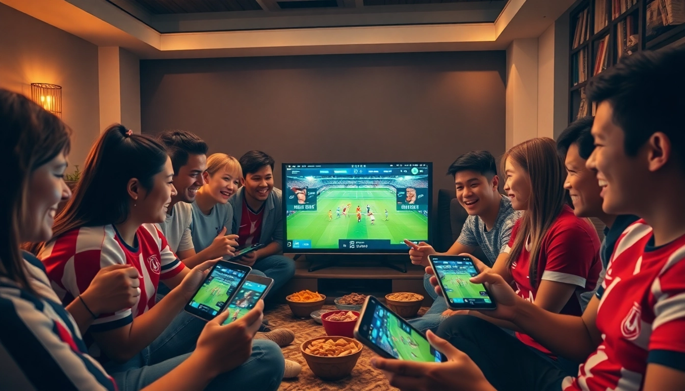 Excited fans enjoying live football on LuongSon TV across various devices with vibrant atmosphere.