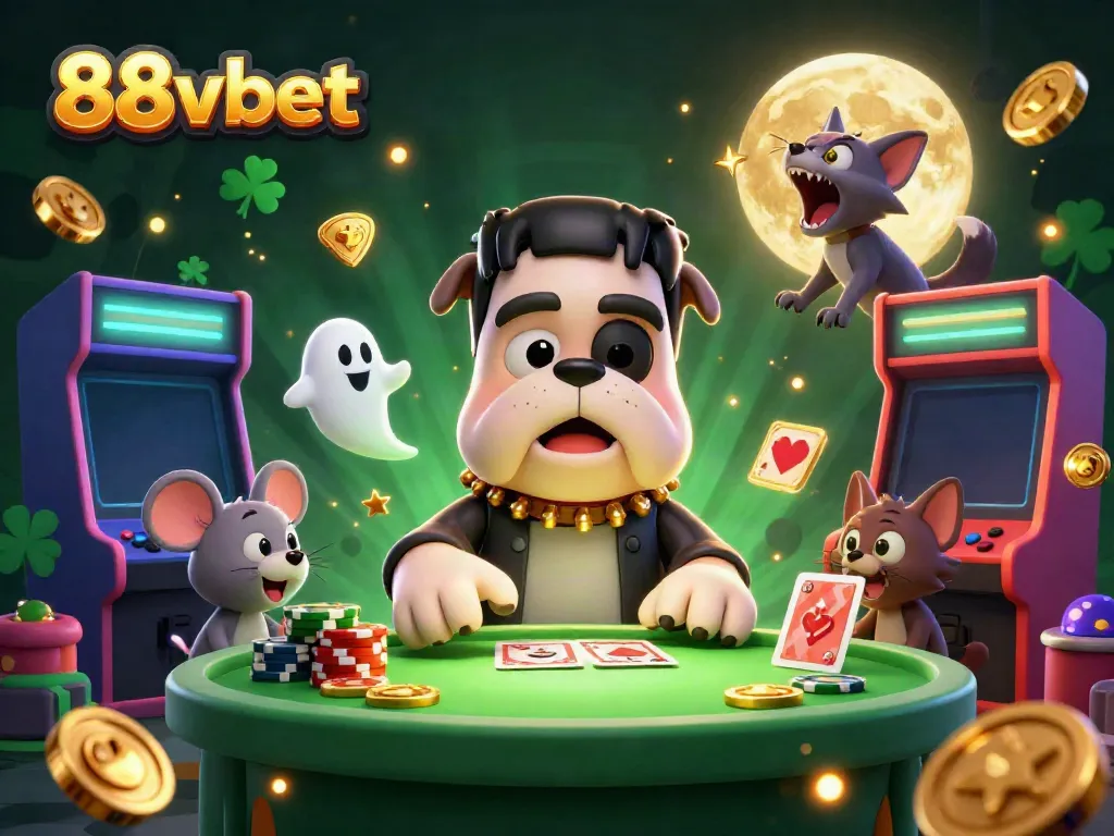 Experience thrilling card games with 88vbet's unique casino atmosphere featuring playful characters.