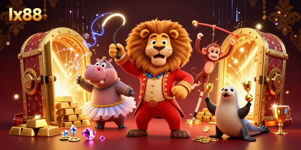 Experience the thrill of lx88 with a vibrant 3D casino scene featuring a lion ringmaster surrounded by dazzling treasures and animated characters.