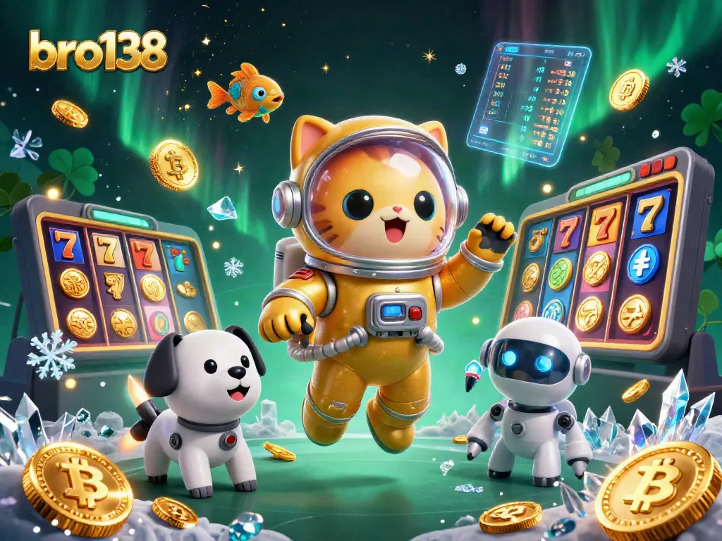 Engage with thrilling slot reels at bro138 featuring a space astronaut cat and robot dog companion.