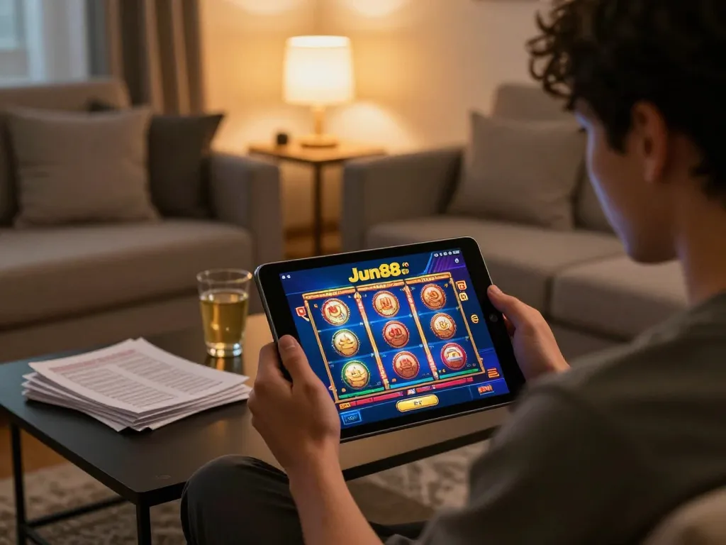 Engaging with the Jun88 com online casino app while playing a slot game at home.