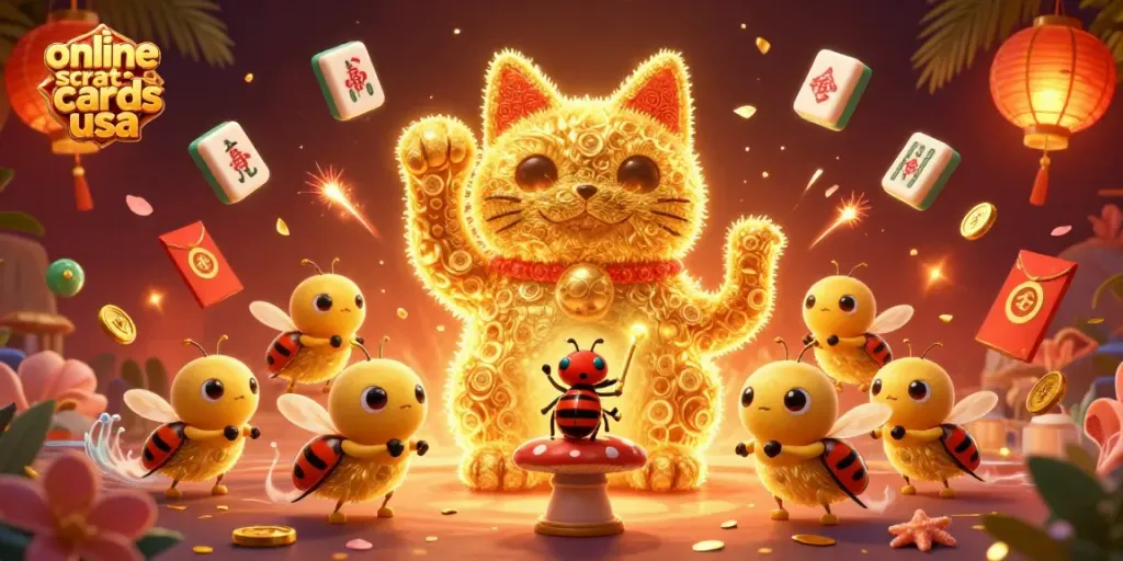 Engage with exciting online scratch cards usa featuring vibrant colors, game elements, and a dynamic mascot.