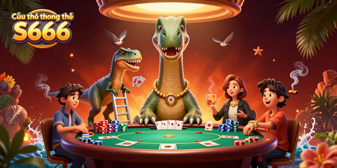 Câu hỏi thường gặp S666 showcases a vibrant casino scene with a brontosaurus and raptor, depicting a lively poker game.