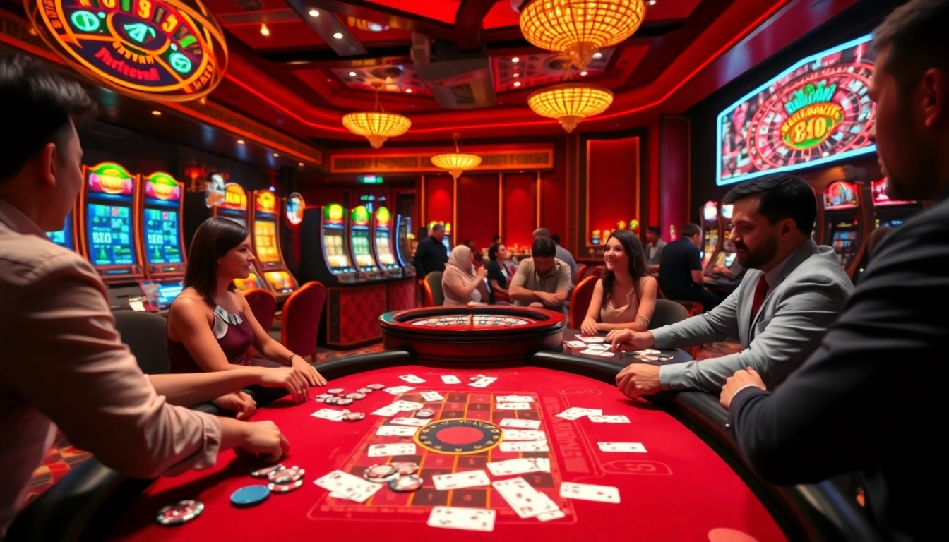 Play exciting poker at lu88, featuring luxurious casino tables and vibrant slot machines.