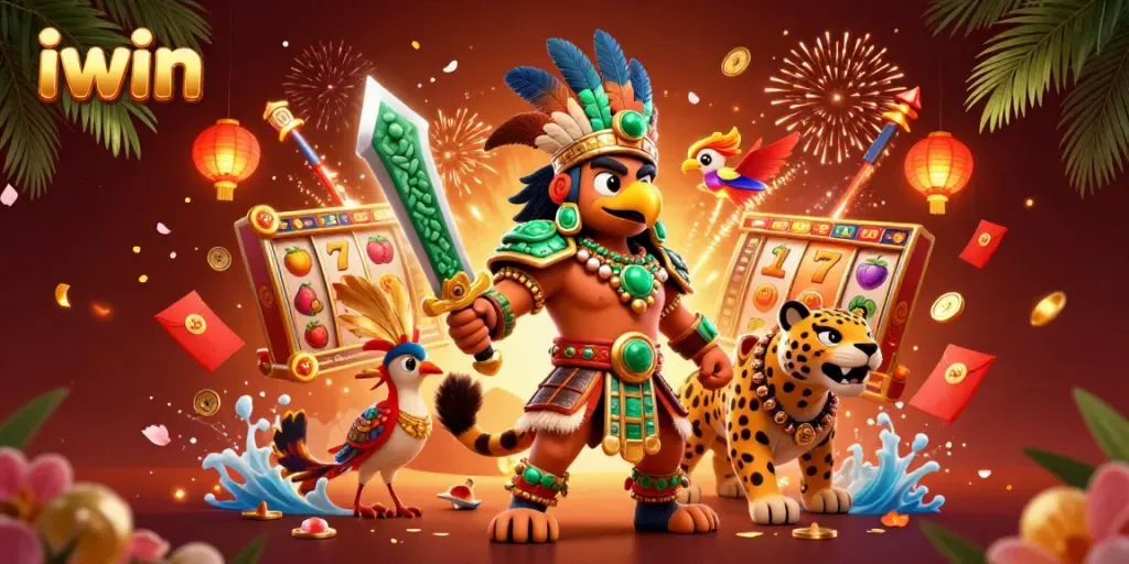 Experience thrilling slots gameplay with iwin's colorful casino scene featuring dynamic characters and vibrant symbols.