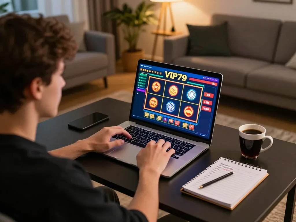 Engaging with vip79 online casino gameplay on a laptop in a cozy home setup