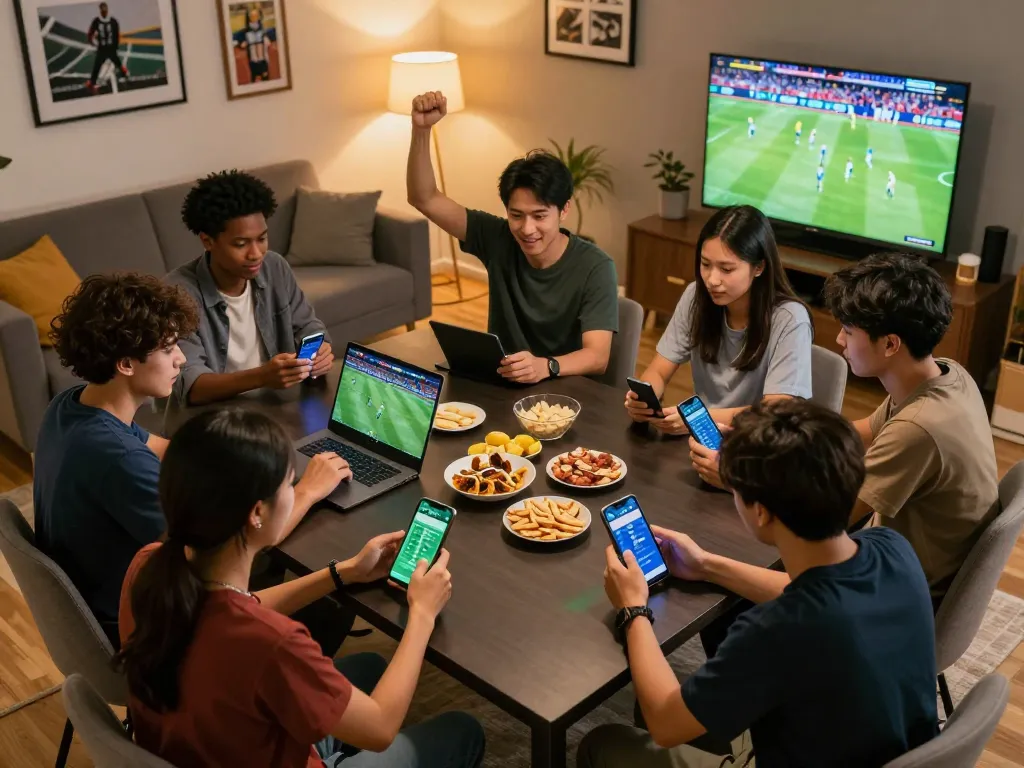 Friends engaging in sports betting on Oxbet in a vibrant home setting, celebrating wins and analyzing odds together.