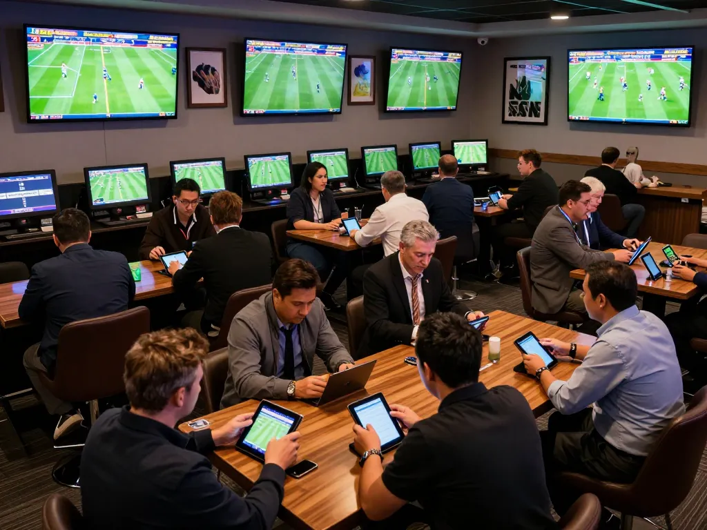 Bong88v bettors engaging in live sports analysis in an upscale betting lounge with atmosphere of excitement