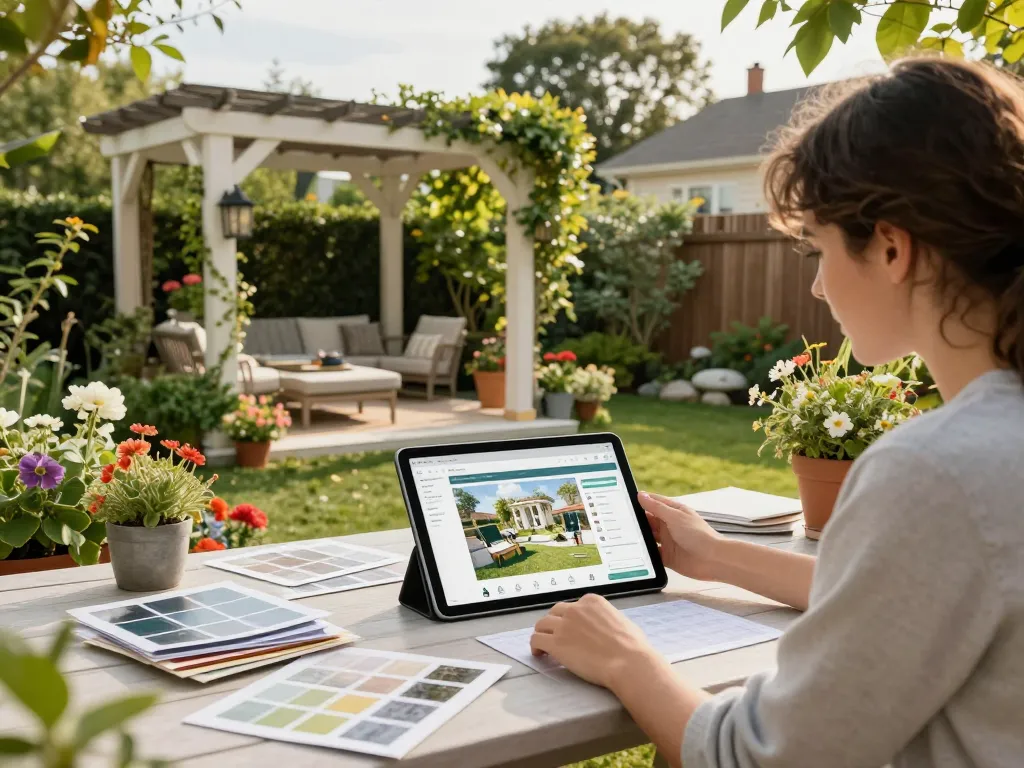 Couple using Pergola Configurator Software in a vibrant garden.