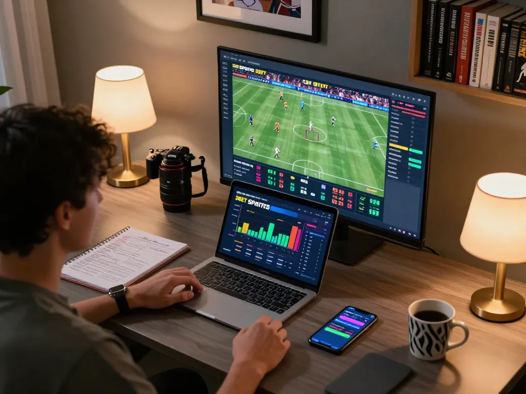 Experience strategic sports betting with 3BET at a modern home desk setup featuring multiple screens.