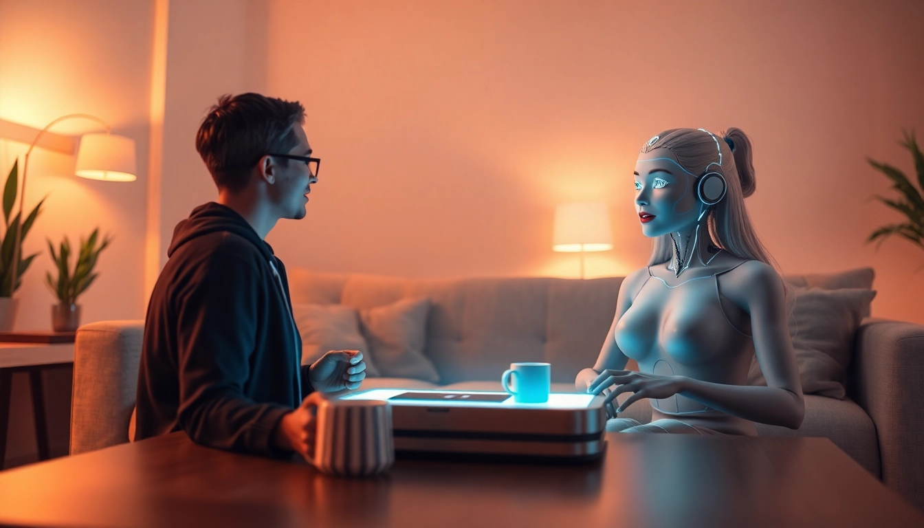 Engaging moment with an AI girlfriend, highlighting digital companionship and cozy atmosphere.