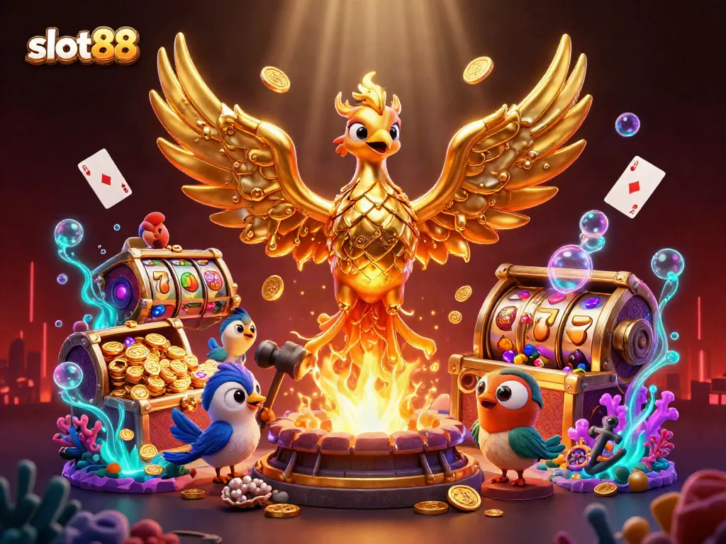 Experience thrilling slot88 action with a molten gold phoenix unleashing fortune in this vibrant 3D scene.