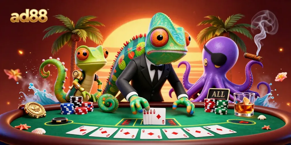 Engage in thrilling poker action with ad88 featuring a colorful chameleon and friends at a vibrant table.
