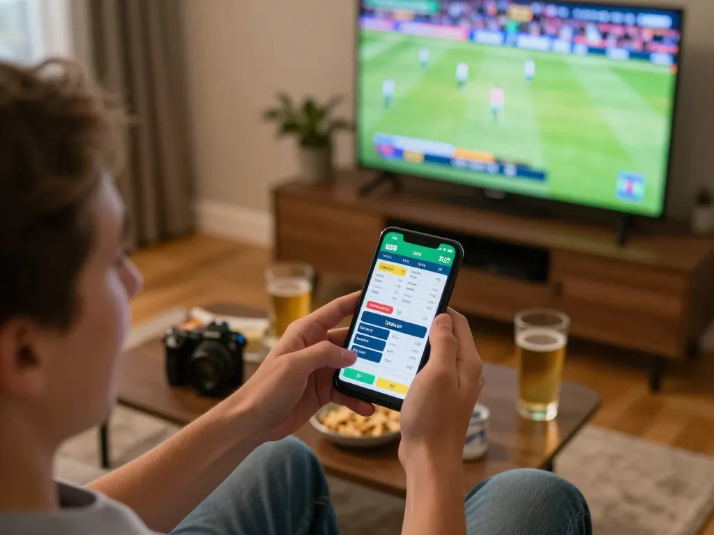 Fan placing bets on the ALO8 app during a live sports event, capturing excitement and engagement