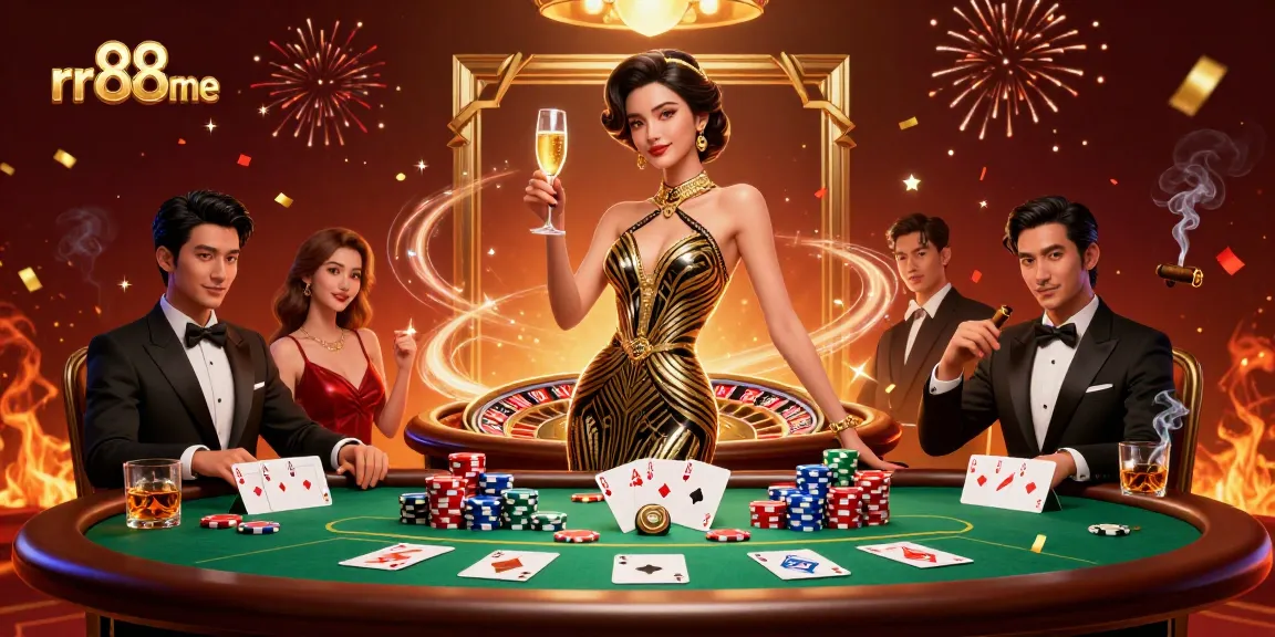 Experience the vibrant excitement of rr88me with a glamorous Asian woman amidst dynamic casino elements.