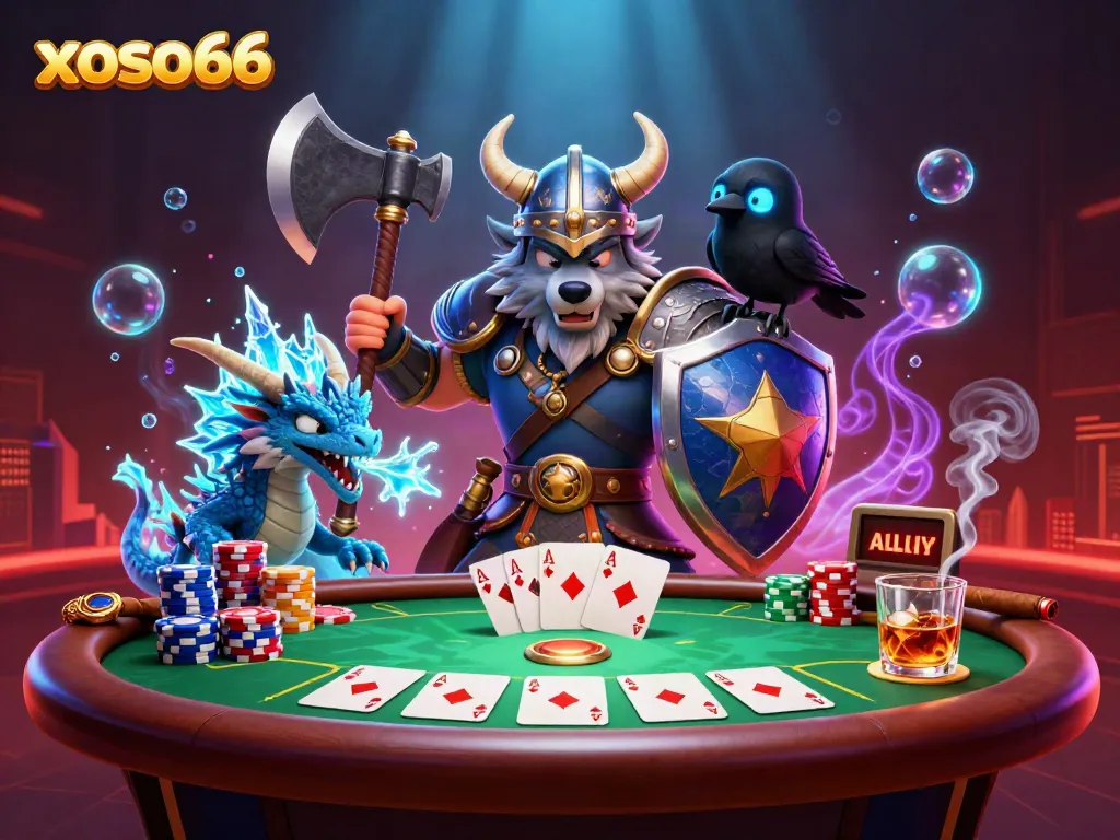 Engage with xoso66 in a vibrant gambling scene featuring a Viking wolf warrior, dragon, and poker elements