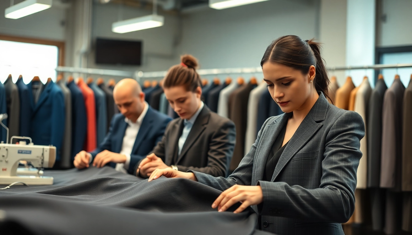 Apparel Manufacturer creating tailored blazers in a professional workshop showcasing craftsmanship.