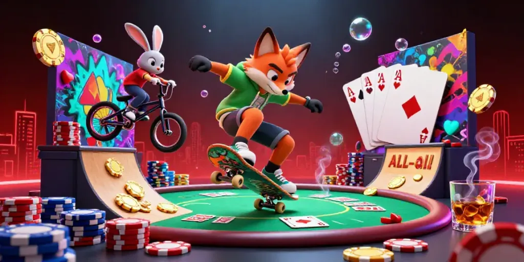 Experience the thrilling gaming action at galaxymacau88 with vibrant casino symbols and colorful poker elements.