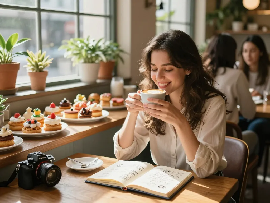 Young woman enjoying a latte and sketching about her crush on relationships in a cozy coffee shop