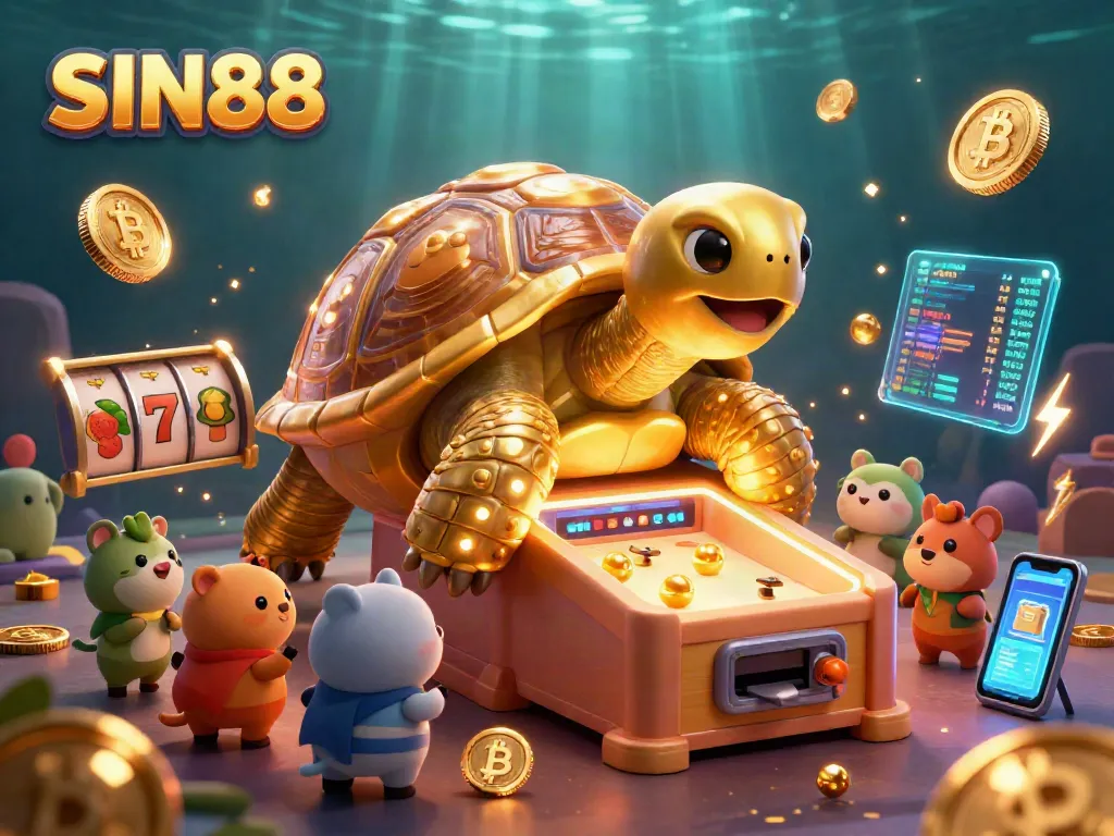 SIN88 offers exciting jackpots with a colossal tortoise pinball machine amid vibrant casino elements.