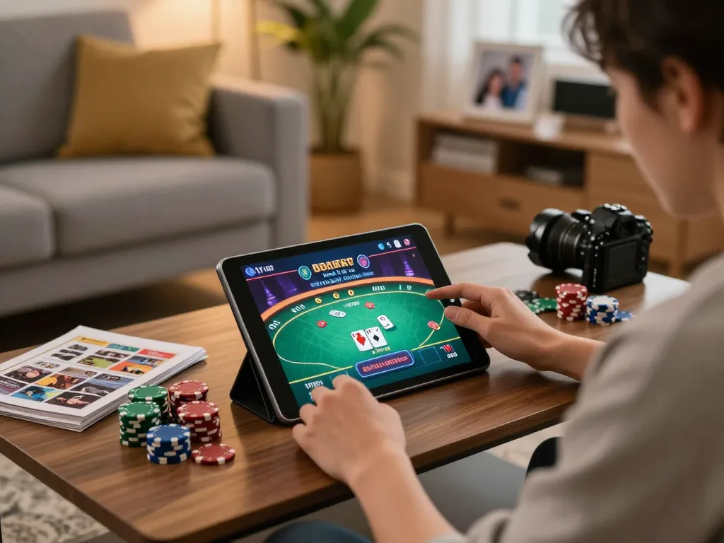 A player enjoying online poker at home with 789bet on a tablet, surrounded by strategy guides.