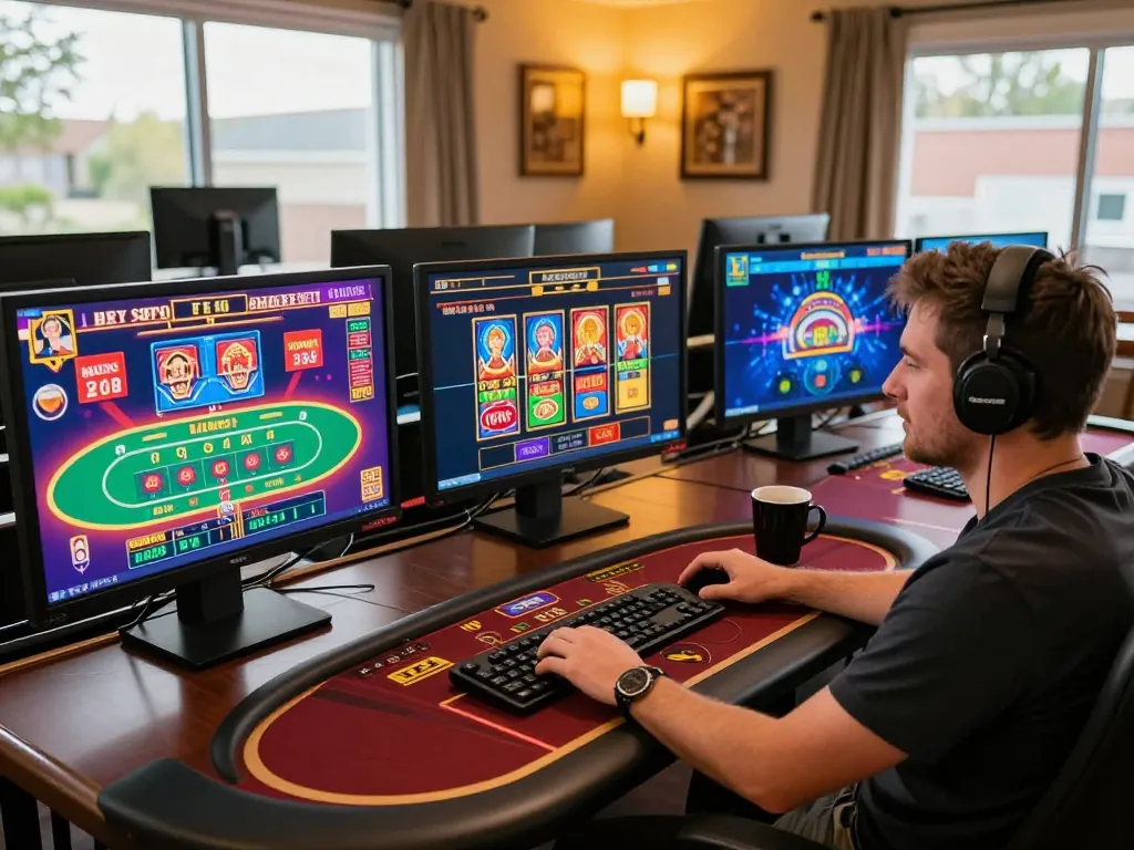 Engaged player using 11bet on multiple screens for an immersive online gaming experience.