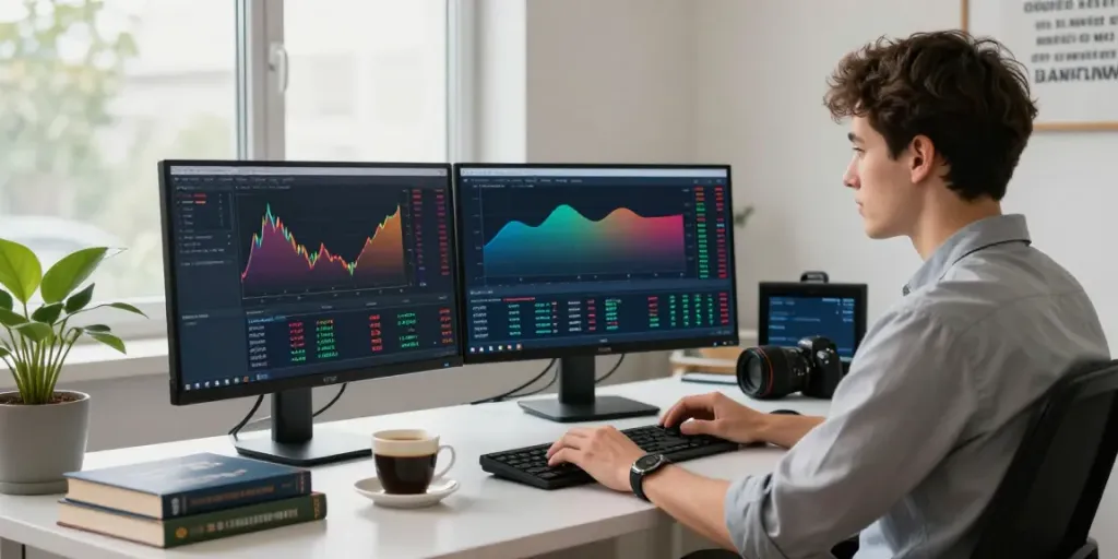 NordenCore.ca trading platform showcased in a focused workspace with real-time trading data and a young trader optimizing trades.