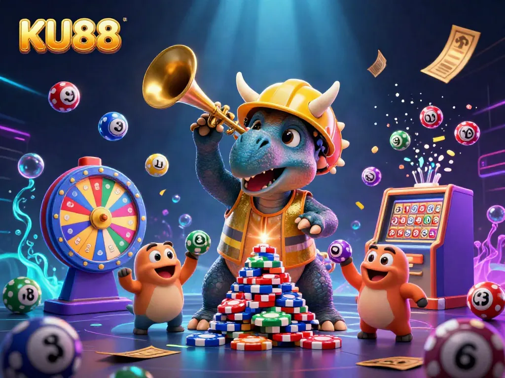 KU88 gameplay highlights with a celebratory cartoon scene of triceratops and festive elements.
