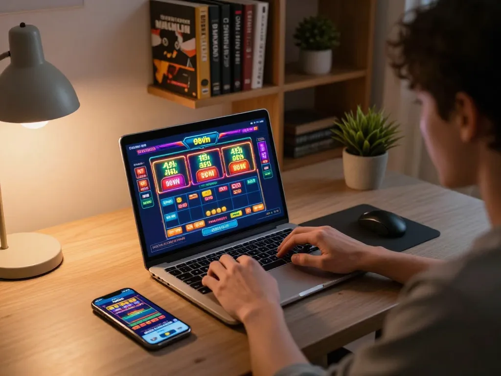 Player engaging with 98win online casino, showing laptop interface and betting strategy, cozy home gaming environment.