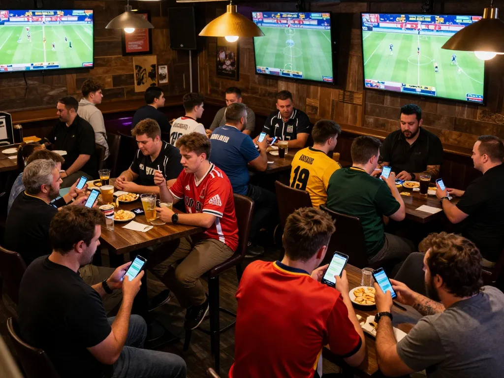 Fans engaging in sports betting at a lively bar while checking the rikbet betting app.