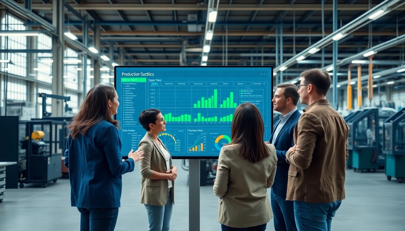 Collaborative professionals using production scheduling software to organize manufacturing operations.